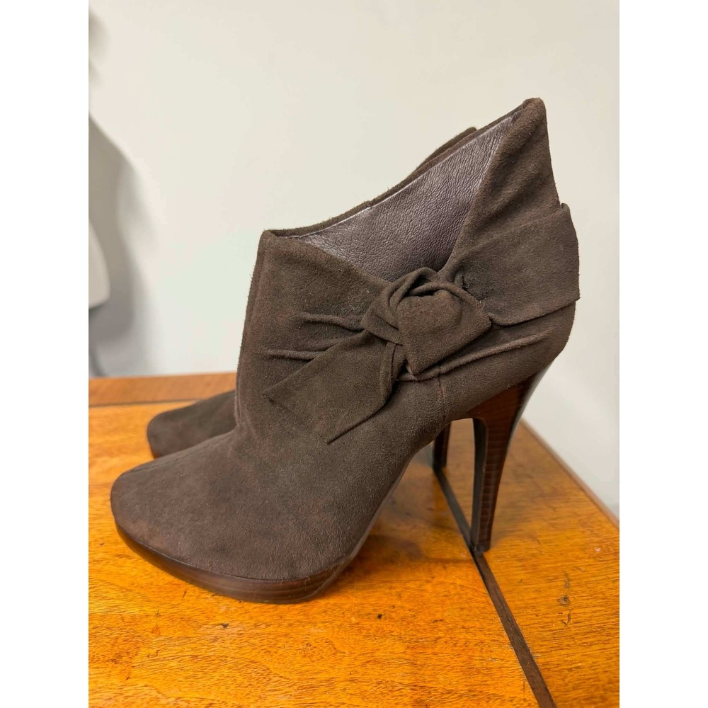 Aldo Womens 39 Brown Ankle Boots Stiletto Side Bow Platform Suede Booties